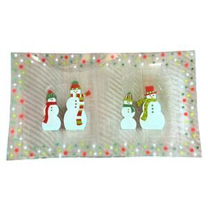 The Pampered Chef Christmas Tray Snowmen Dots Platter Clear Glass Plate